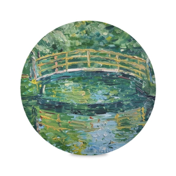 Round Plate Mat 15.4x15.4 Inchesx1 Placemat Table Mat Kitchen Mat Coffee Mat Fabric Thick, Strong Wear-Resistant, Heat Resistance Cartoon Green Bridge