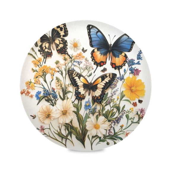 Round Plate Mat 15.4x15.4 Inchesx1 Placemat Table Mat Kitchen Mat Coffee Mat Fabric Thick, Strong Wear-Resistant, Heat Resistance Colorful Butterflies and Flowers