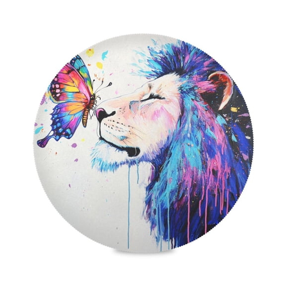 Round Plate Mat 15.4x15.4 Inchesx1 Placemat Table Mat Kitchen Mat Coffee Mat Fabric Thick, Strong Wear-Resistant, Heat Resistance Lion and Colorful Butterflies