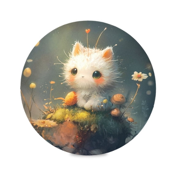 Round Plate Mat 15.4x15.4 Inchesx1 Placemat Table Mat Kitchen Mat Coffee Mat Fabric Thick, Strong Wear-Resistant, Heat Resistance Love White Cat