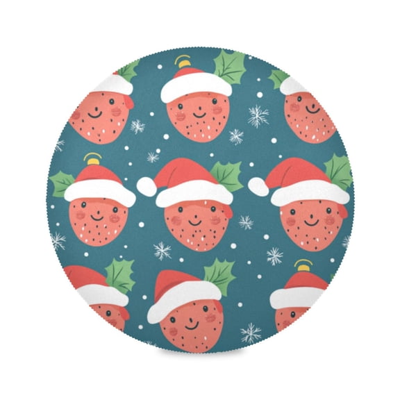 Round Plate Mat 15.4x15.4 Inchesx1 Placemat Table Mat Kitchen Mat Coffee Mat Fabric Thick, Strong Wear-Resistant, Heat Resistance Santa Hat Strawberry