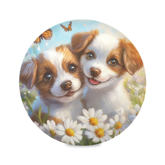 Round Plate Mat 15.4x15.4 Inchesx1 Placemat Table Mat Kitchen Mat Coffee Mat Fabric Thick, Strong Wear-Resistant, Heat Resistance Two Cute Puppies