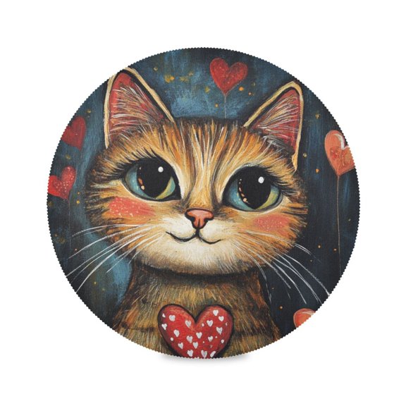 Round Plate Mat 15.4x15.4 Inchesx1 Placemat Table Mat Kitchen Mat Coffee Mat Fabric Thick, Strong Wear-Resistant, Heat Resistance Valentine's Day Cartoon Cat