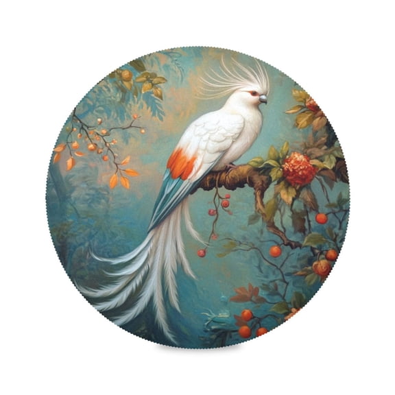 Round Plate Mat 15.4x15.4 Inchesx1 Placemat Table Mat Kitchen Mat Coffee Mat Fabric Thick, Strong Wear-Resistant, Heat Resistance White Beautiful Bird