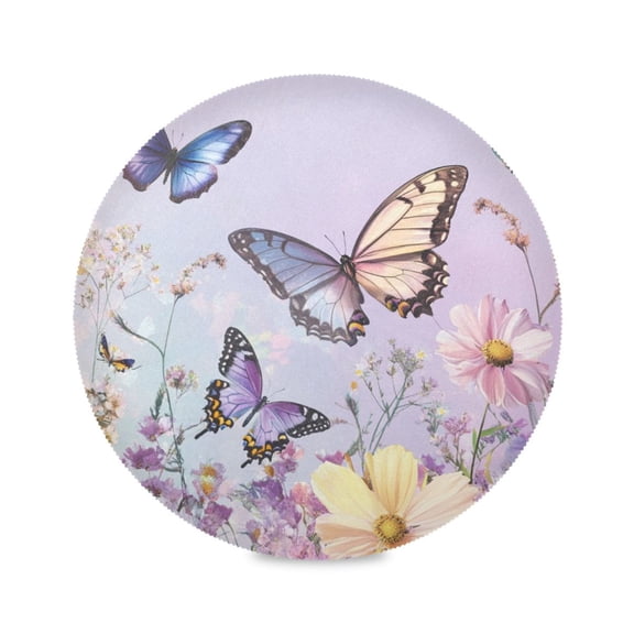 Round Plate Mat 15.4x15.4 Inchesx4 Placemat Table Mat Kitchen Mat Coffee Mat Fabric Thick, Strong Wear-Resistant, Heat Resistance Light Purple Flower Butterfly