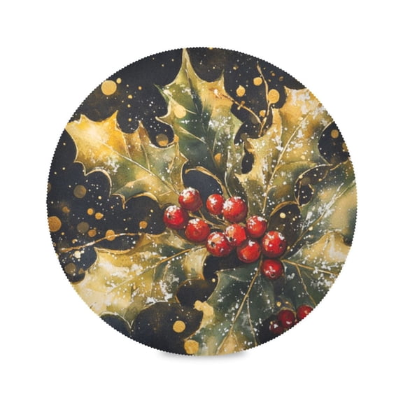 Round Plate Mat 15.4x15.4 Inchesx4 Placemat Table Mat Kitchen Mat Coffee Mat Fabric Thick, Strong Wear-Resistant, Heat Resistance Pretty Holly and Mistletoe
