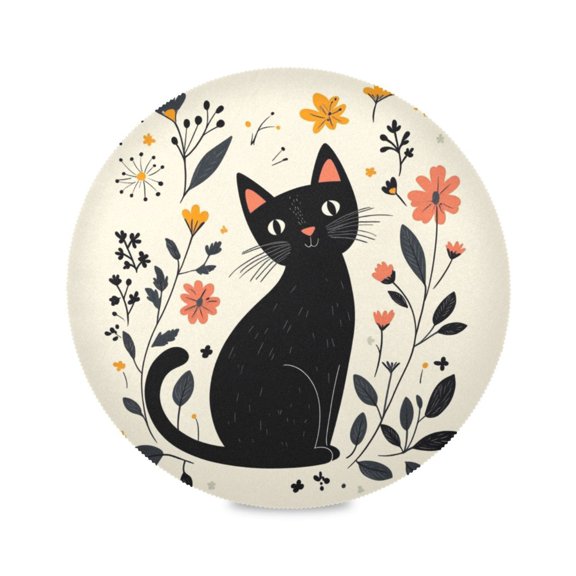 Round Plate Mat 15.4x15.4 Inchesx6 Placemat Table Mat Kitchen Mat Coffee Mat Fabric Thick, Strong Wear-Resistant, Heat Resistance Cute Cartoon Black Cat