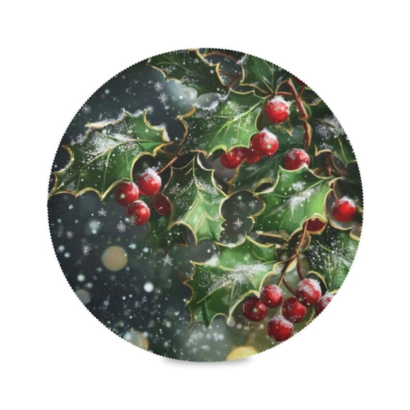 Round Plate Mat 15.4x15.4 Inchesx6 Placemat Table Mat Kitchen Mat Coffee Mat Fabric Thick, Strong Wear-Resistant, Heat Resistance Green Holly and Mistletoe