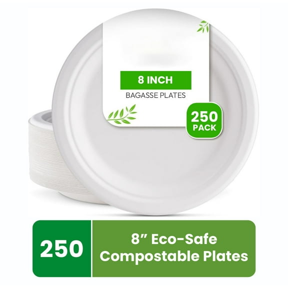 Round Plates Disposable Plates 8" 250 CT Ecofriendly Sugarcane bagasse by FPN
