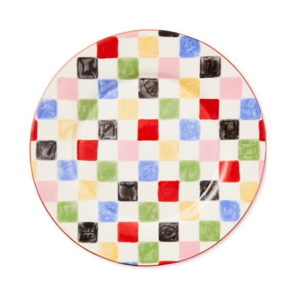 Round Platter with Rainbow-colored Checks Motif