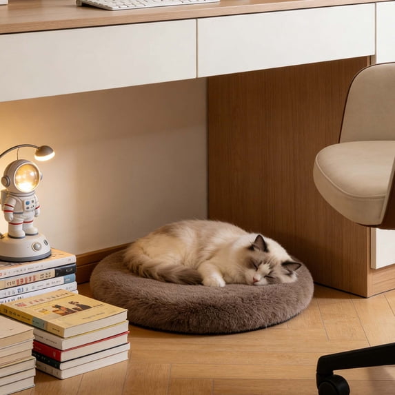Round Plush Cat Bed 20 Inch - Warm Cozy Fleece Pet Bed for Small Dogs, Machine Washable with Non-Slip Bottom Indoor Use