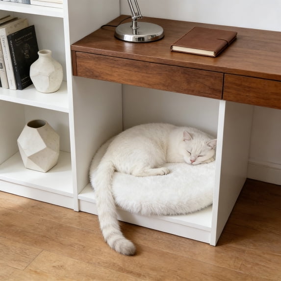 Round Plush Cat Bed for Cats & Small Dogs, 50cm Soft Faux Fur Cushion Mat, Machine Washable Non-Slip Bottom, All Season Cozy Warm Indoor Pet Sleeping Mat, White