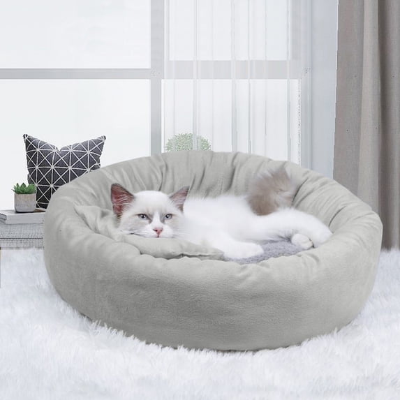 Round Plush Dog Bed with Pillow, 3-Piece Set Warm Pet Mat with Non-Slip Bottom, Washable Cat Bed for Puppy & Small Pets, Gray