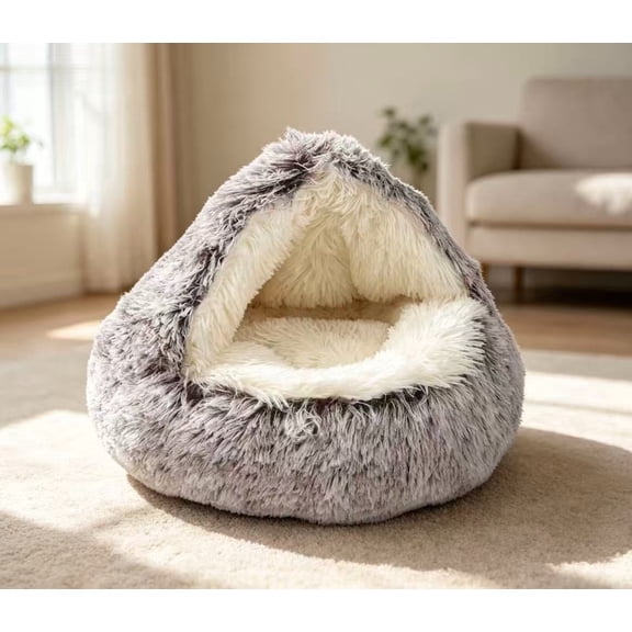 Round Plush Fluffy Hooded Cat Bed – Cozy Cave for Indoor Cats or Small Dogs, Calming Donut-Shaped Anti-Anxiety Pet Bed, Waterproof Bottom, Washable (20" × 20", Brown)
