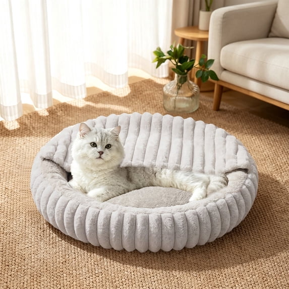 Round Plush Pet Bed for Dogs and Cats, Semi Enclosed Warm Sleeping Nest, Machine Washable Soft Cotton