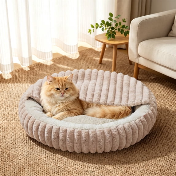 Round Plush Pet Bed for Dogs and Cats, Semi Enclosed Warm Sleeping Nest, Machine Washable Soft Cotton