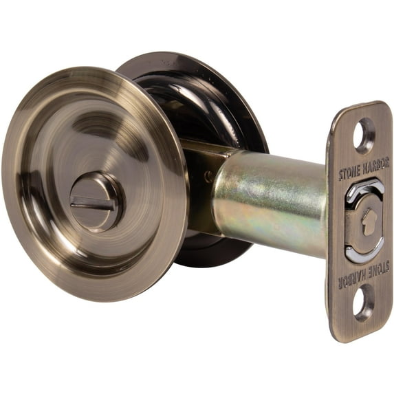 Stone Harbor Hardware Round Pocket Door Lock, Privacy Function, 2-3/4" Backset, Antique Brass