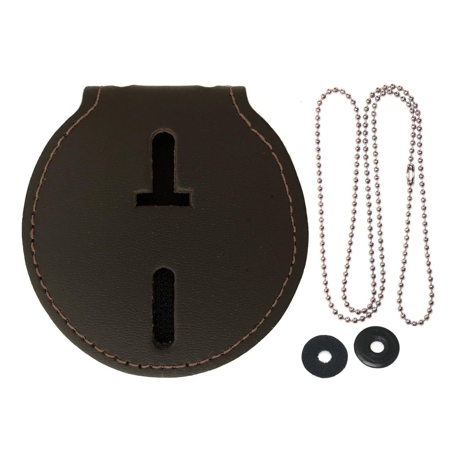 Round Police Badge Holder Belt Clip with Chain Dark Brown Leather