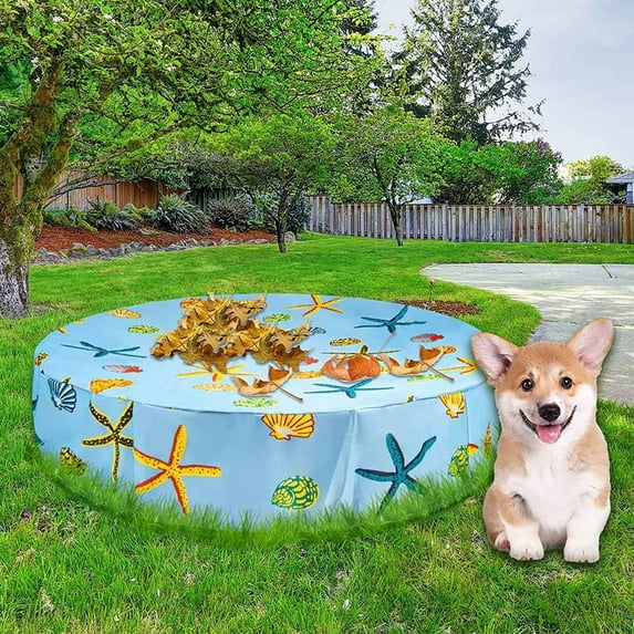 Round Pool Cover , Foldable Kiddie Solar Cover Fit Dog Swimming Pool, Pets Kids Bath Tub, Anti-UV Dustproof Safety Pool Cover with Cute Ocean Animals Pattern (122Cm/4Ft)