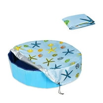 Round Pool Cover , Foldable Solar Cover Fit Swimming Pool, Pets Kids Bath Tub, Anti-UV Dustproof Safety Pool Covers with Summer Beach Patterns Leakproof Washable Kiddie Small Bath Accessories