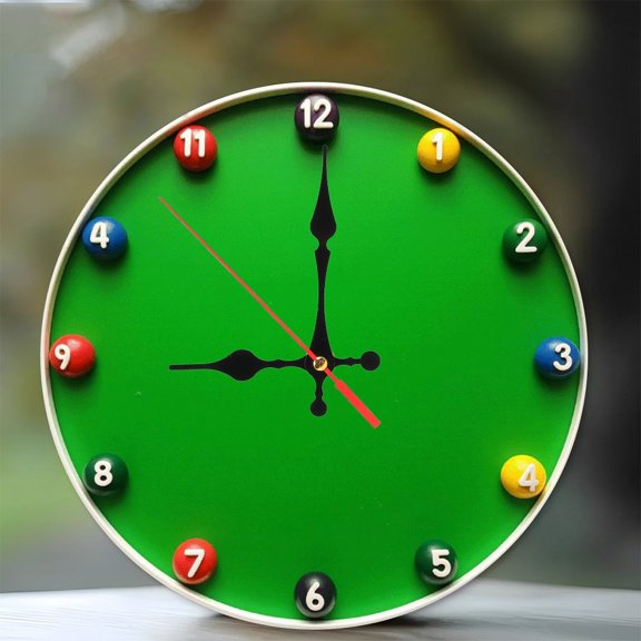 Round Pool Table with Balls for Game Fun 10-Inch Silent Wooden Wall Clock, Battery Operated (AA Batteries Not Included), Artistic Home Decor