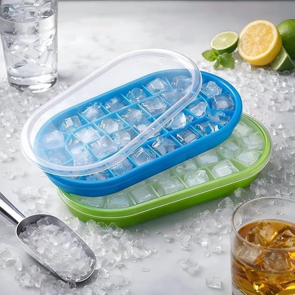 Round Pop Up Ice Cube Tray Set with Lid – Flexible Silicone Bottom Easy Release Ice Mold | BPA Free Food Grade Stackable Ice Tray for Cocktails, Cold Drinks & Coffee Pack of 2