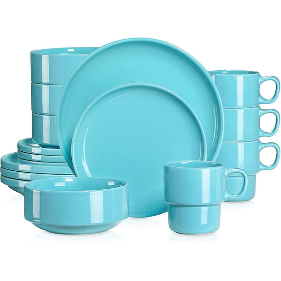 Round Porcelain Dinnerware Set for 4, 16 PCS Ceramic Dish Set, Dinner Set with Dinner Plates, Dessert Plates, Bowls and Mugs Dishwasher & Microwave Safe,Lake Blue
