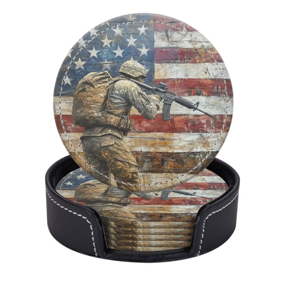 PU Leather Coasters for Drinks Bar Beer,Set of 6 with Holder,Round Housewarming Gift,Round Portrait Of American Soldier Holding Rifle