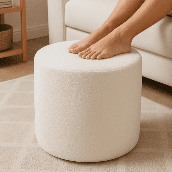 Round Pouf and Foot Rest, Soft Footstool for Living Room, Comfort Sponge Stuffed Poofs for Couch Desk Resting Your Feet, White(17.1" D x 17.1" W x 14" H)