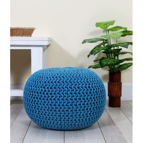 Round Pouf Foot Stool Ottoman – Cotton Knitted Cord Boho Pouffe – Cable Knit Filled Footrest for Living Room, Nursery, Bedroom, Patio & Lounge (18" x 18" x 14")