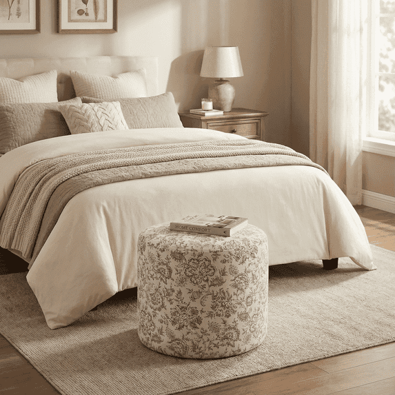 Round Pouf Ottoman 19-inch Wide, Floral/Solid Fabric, Lightweight Footstool & Accent Seat for Living Room, Bedroom