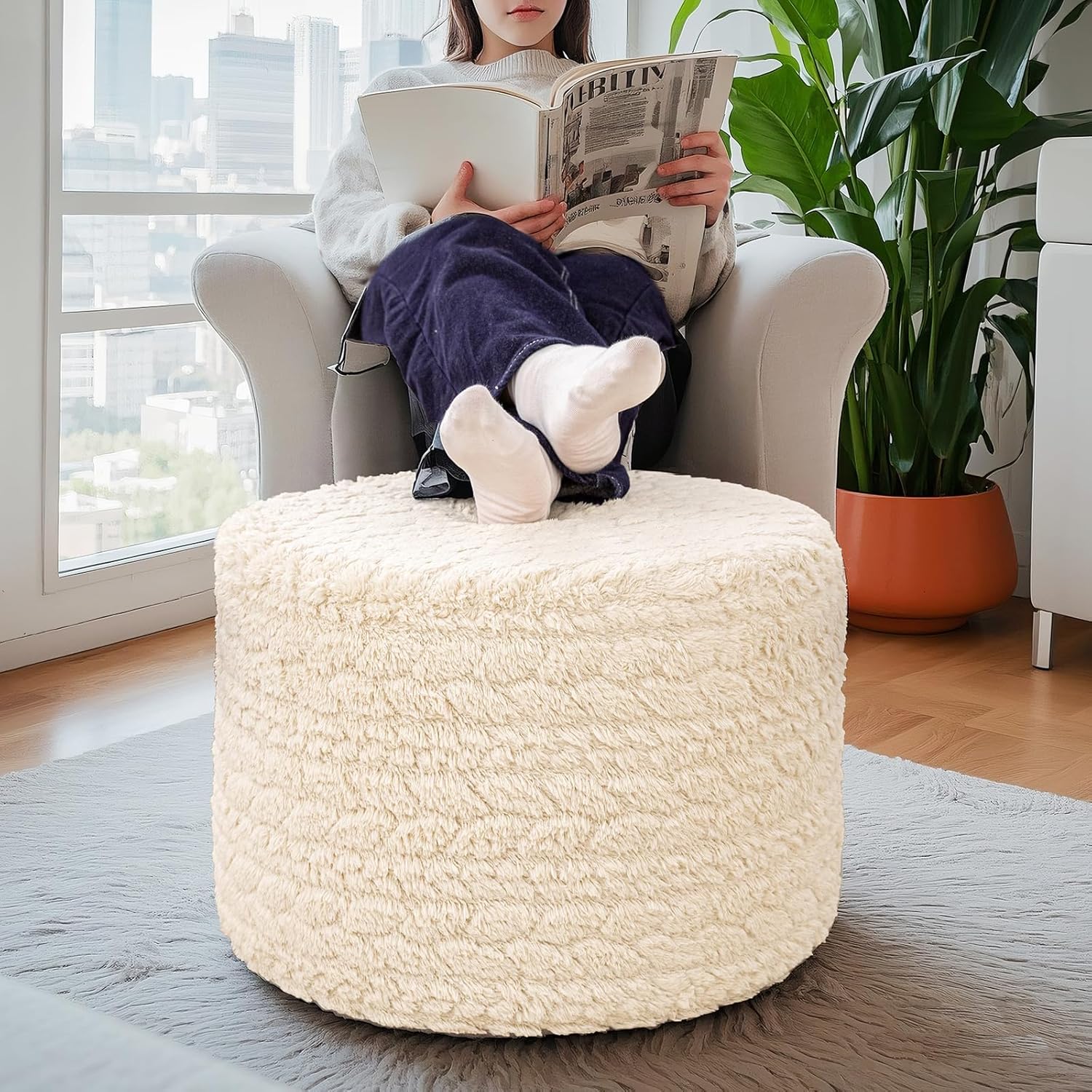 Round Pouf Ottoman 20 x 20 x 14 Inches Boho Poof Home Decor Floor ...