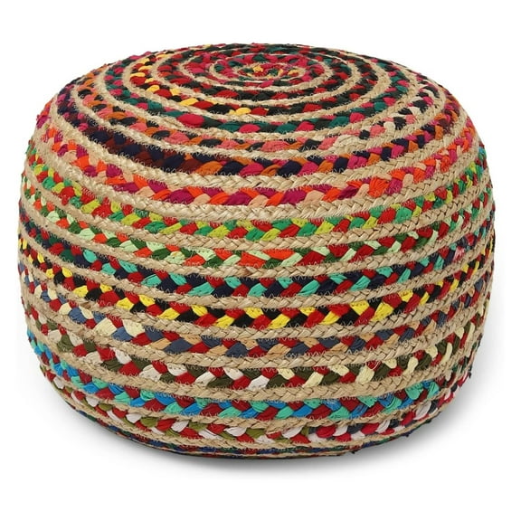 Round Pouf Ottoman - Braided Boho Poof Home Décor Pouffe Accent Sitting Circular Foot Rest for Living Room, Bedroom, Nursery, Kidsroom, Lounge; Jute and Cotton (19.5"x19.5"x14"; Multi)