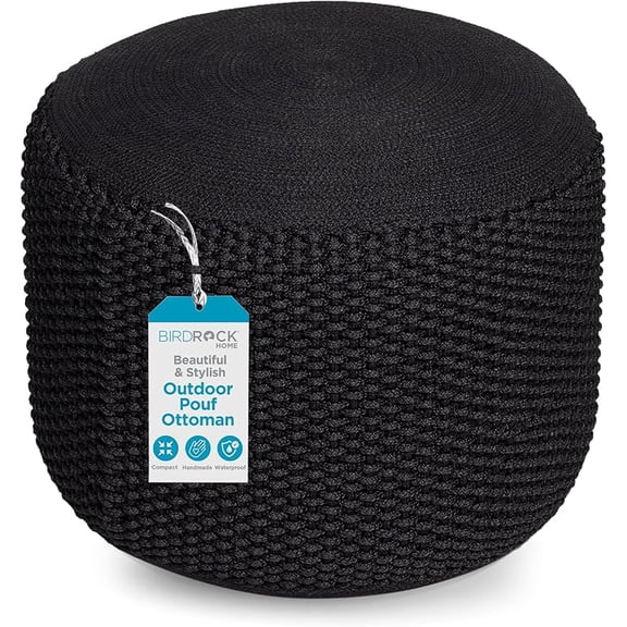 Round Pouf Ottoman | Cotton Braided Foot Stool with Bean Bag Filling | Boho Foot Rest for Living Room & Bedroom | Compact & Comfortable Seating, Lightweight & Soft | Black