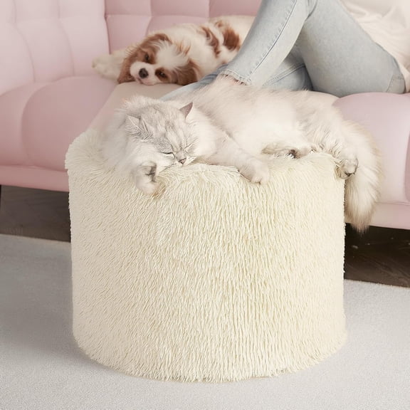 Round Pouf Ottoman Foot Rest, 17 x 14 Small Faux Fur Stuffed Pouf for Chair, Foam Filled Foot Stools Ottomans for Living Room, Beige