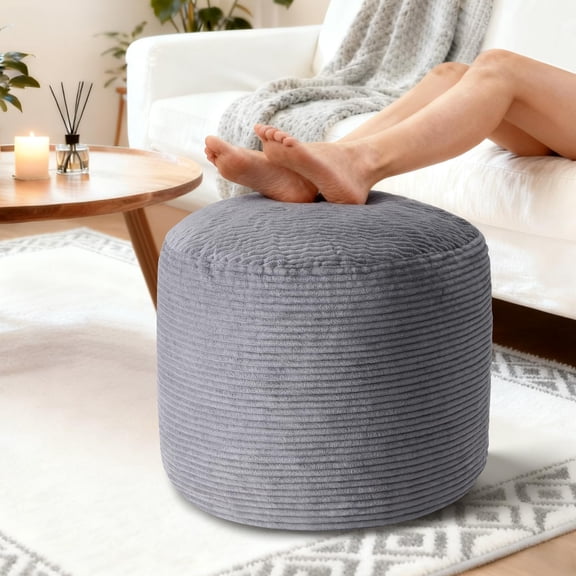 Round Pouf Ottoman Foot Rest, Pre-Stuffed Footrest Ottoman with Odorless Shredded Memory Foam, Soft Corduroy Floor Pouf for Living Room, Bedroom, Cozy Home Decor, Grey