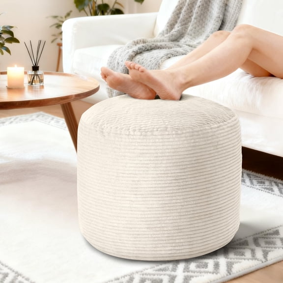 Round Pouf Ottoman Foot Rest, Pre-Stuffed Footrest Ottoman with Odorless Shredded Memory Foam, Soft Corduroy Floor Pouf for Living Room, Bedroom, Cozy Home Decor, Grey