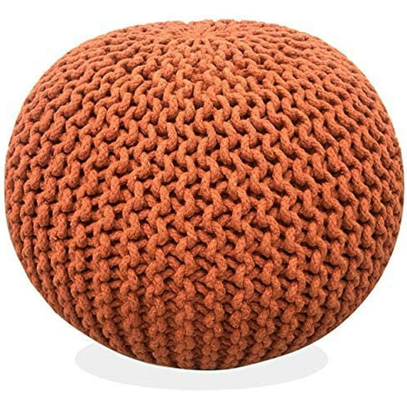 Round Pouf Ottoman Hand Knitted 100% Cotton Pouf Foot Stool - Knitted Bean Bag - Floor Chair for Living Room Bedroom - Foot Rest for Couch (20 Diameter x 14 Height) - Pumpkin Orange