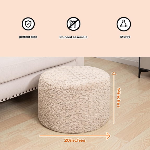 Round Pouf Ottoman Stuffed 20 x 20 x 14 Inches Boho Poof Foot Stool Home Decor Floor Pouffe Ottoman Foot Rest for Couch Sofa Bean Bag Chairs Living Room Bedroom (Light Coffee)
