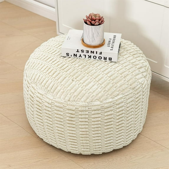 Round Pouf Ottoman Stuffed Velvet Floor Pouf Footrest,Foot Stool, Bean Bag Floor Chair for Bed Room Living Room Accent Seat 20x12inches with Filler Ivory