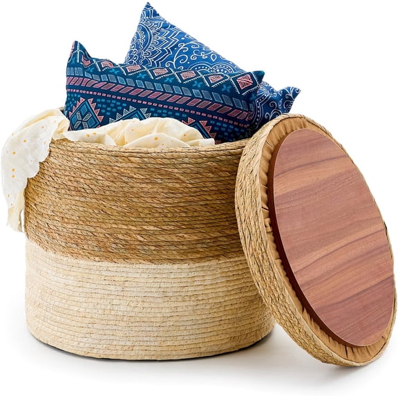 Round Pouf Ottomans, Handwoven Natural Water Hyacinth Seagrass Pouffe,Outdoor Rattan Stool Accent Seat, Bohemian Coastal Home Decor (Storage - 18inch Natural Cattail & White Corn Shell)