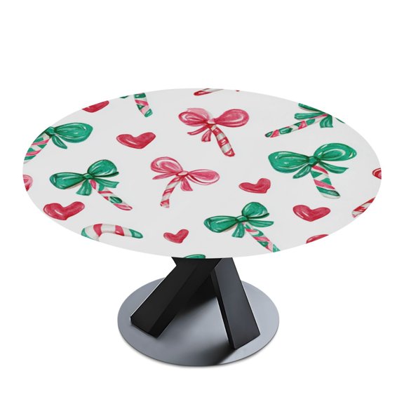 Round Premium Polyester Tablecloth Round Table Cloth Cover For Kitchen And Dining Room Candy Cane & Heart Pattern