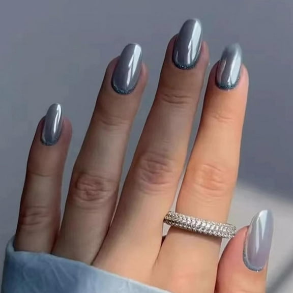 Round Press on Nails Medium Fake Nails Glossy Glue on Nails Chrome Acrylic Nails Gray Silver Pearl Flash Artificial Nails Oval Aurora False Nails with Bling Glitter Design 24 pcs O03-9Gray 0.04 Fl