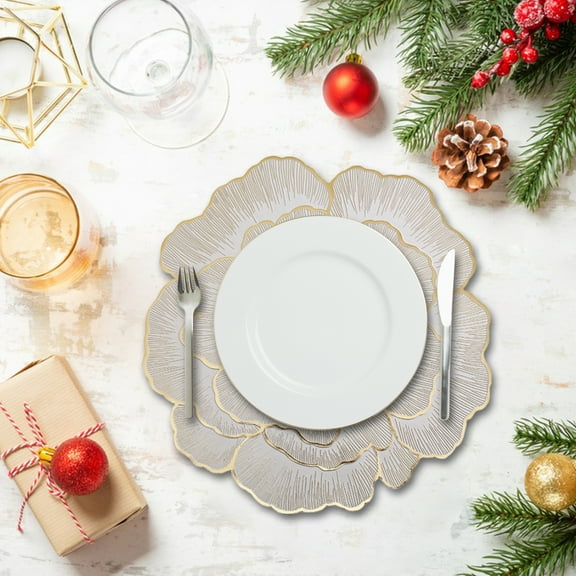 Round Pressed Vinyl Placemats Gold Placemat Peony Floral Non Slip Table Mats for Wedding Dinner Party Table Supplies Washable Heat Resistant