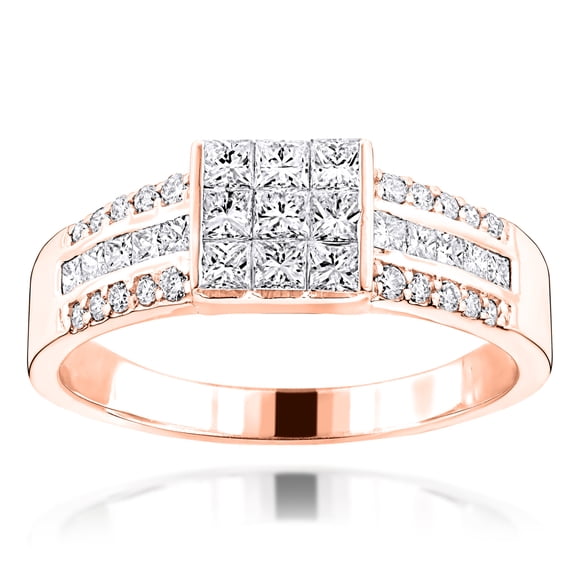 Round Princess Cut 14k Natural Diamond Ring Unisex Wedding Band (Rose Gold Size 12.5)