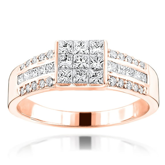 Round Princess Cut 14k Natural Diamond Ring Unisex Wedding Band (Rose Gold Size 5.5)