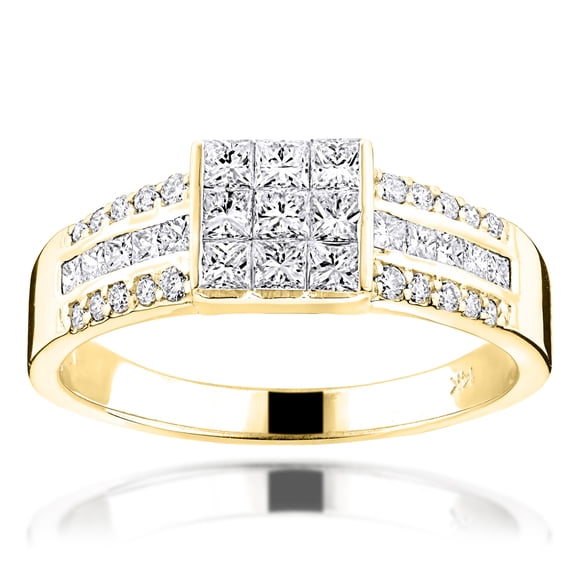 Round Princess Cut 14k Natural Diamond Ring Unisex Wedding Band (Yellow Gold Size 11)