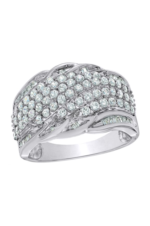 Round & Princess Cut White Natural Diamond Wave Engagement Ring in 10K Solid Gold (1 cttw)