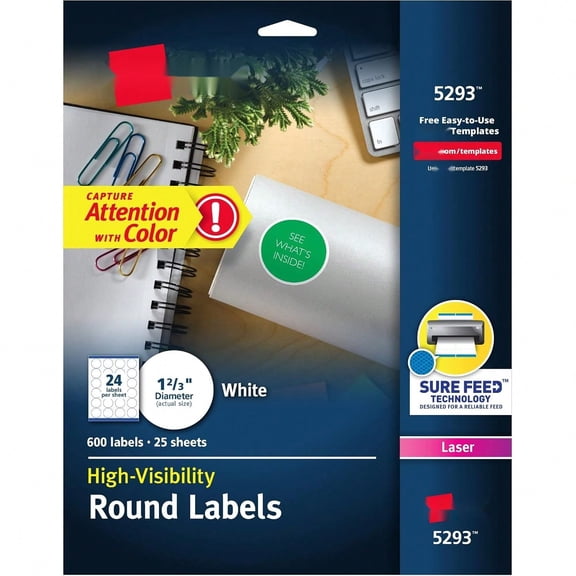 Round Printable Labels, 1-2/3" Diameter, Matte White, Sure Feed Technology, Laser & Inkjet Compatible, 600 Blank Labels Total, Great for Branding, Packages, School Supplies, and More (5293)