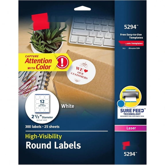 Round Printable Labels, 2.5" Diameter, Matte White, Sure Feed Technology, Laser & Inkjet Compatible, 300 Blank Labels Total, Great for Branding, Packages, School Supplies, and More (5294)